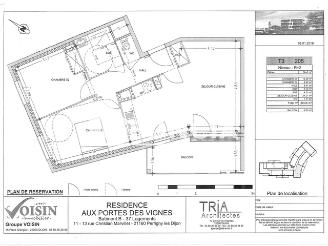 Appartement 3 pièces (58.06 m²) à louer - Perrigny Les Dijon (21160)