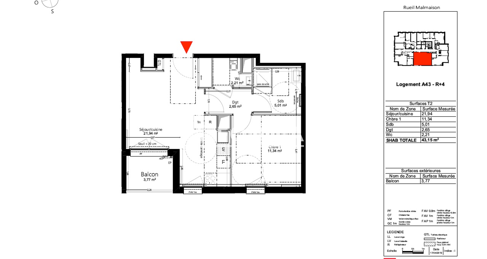 Appartement 2 pièces (43.15 m²) à louer - Rueil-malmaison (92500)