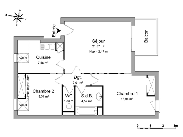 Appartement 3 pièces (60.59 m²) à louer - Reze (44400)