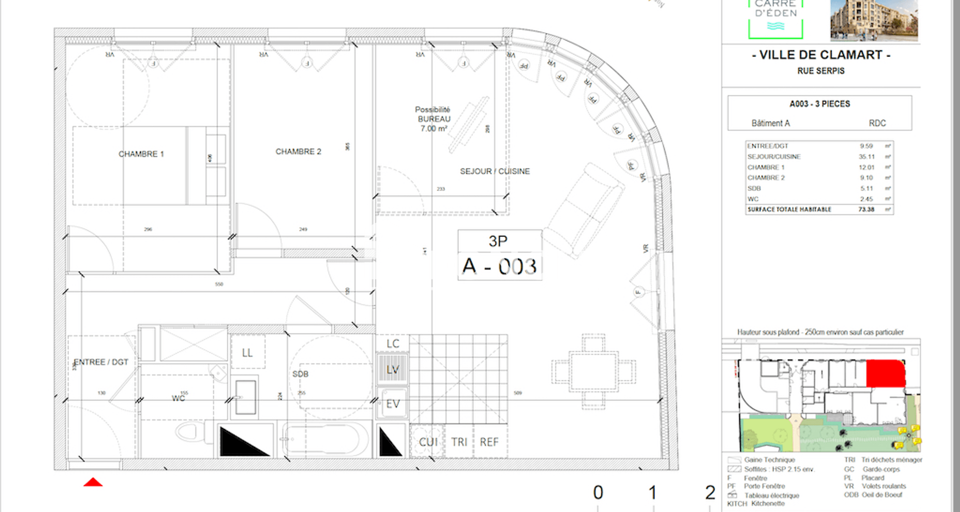 Appartement 3 pièces (73.38 m²) à louer - Clamart (92140)