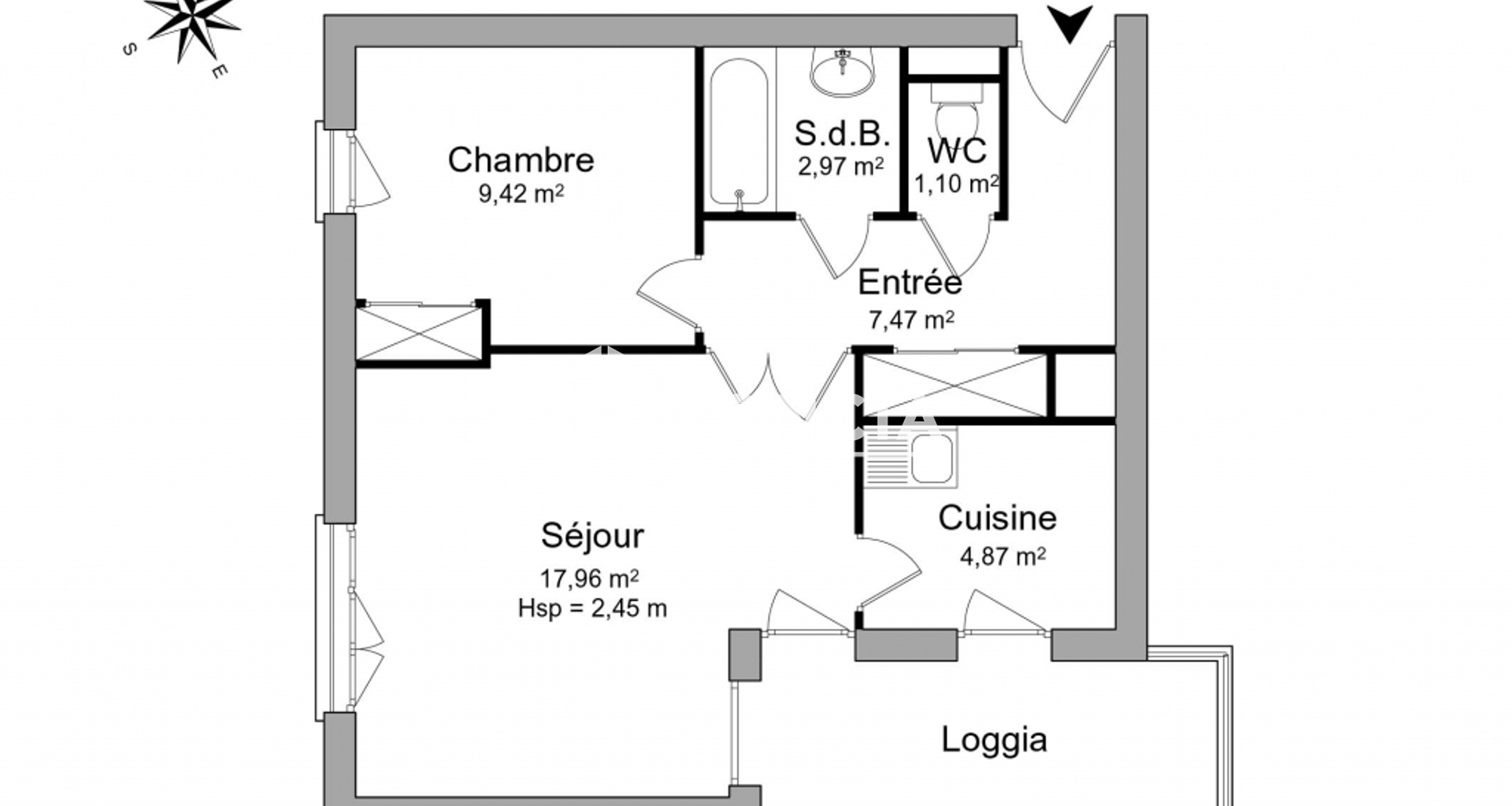Appartement 2 pièces (43.79 m²) à louer - Cergy (95800)