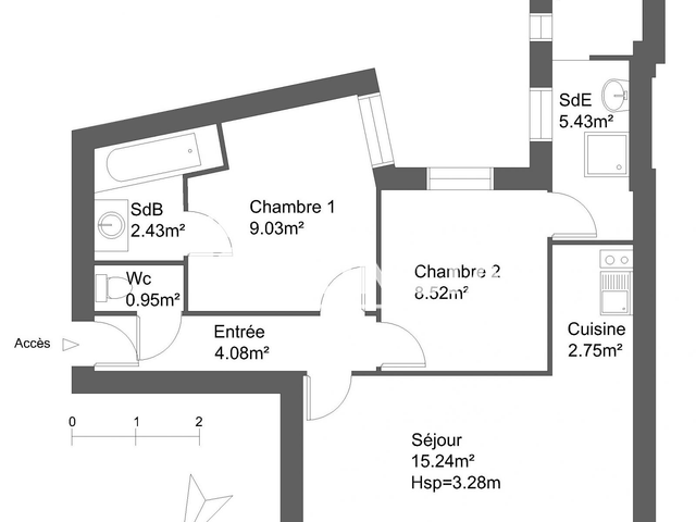 Appartement meublé 3 pièces (48.43 m²) à louer - Bordeaux (33800)