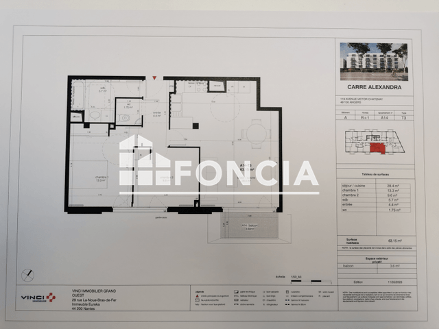 Appartement 3 pièces (63.15 m²) à louer - Angers (49000)