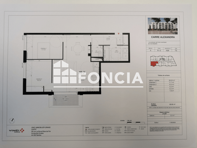Appartement 3 pièces (65.65 m²) à louer - Angers (49000)
