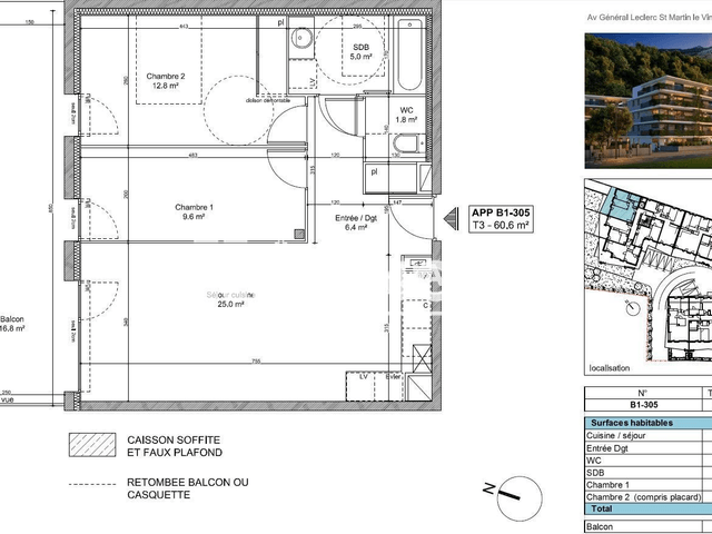 Appartement 3 pièces (60.5 m²) à louer - Saint Martin Le Vinoux (38950)