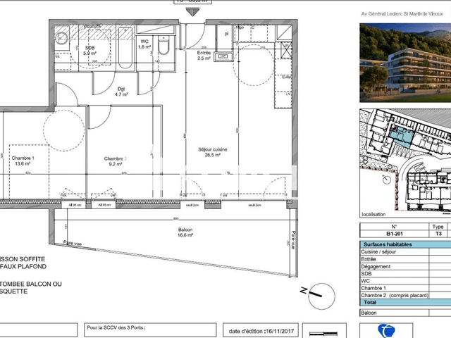 Appartement 3 pièces (63.3 m²) à louer - Saint Martin Le Vinoux (38950)