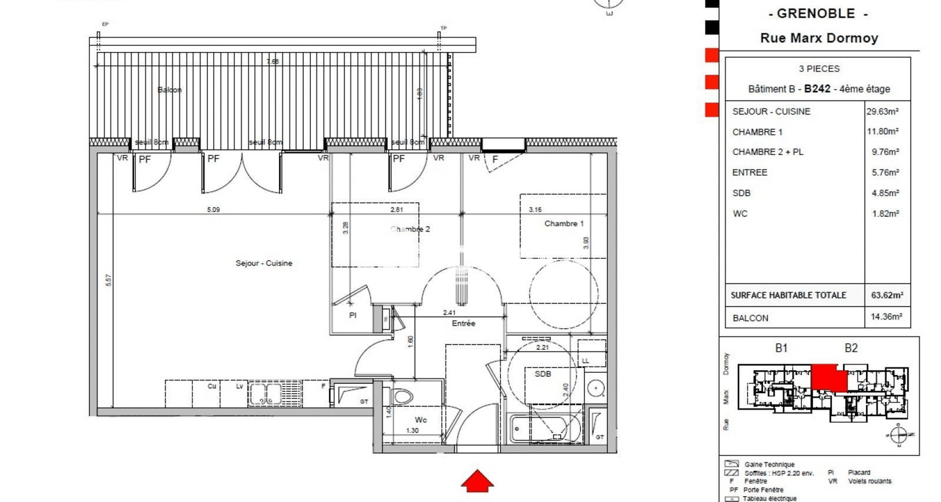 Appartement 3 pièces (63.62 m²) à louer - Grenoble (38000)