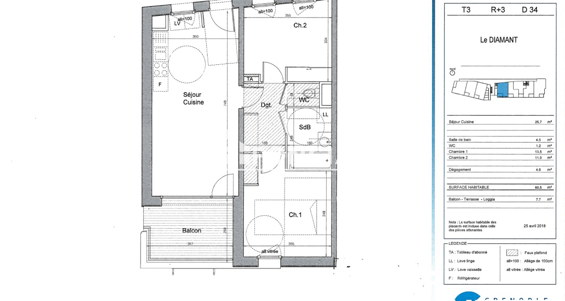 Appartement 3 pièces (60.5 m²) à louer - Saint-égrève (38120)