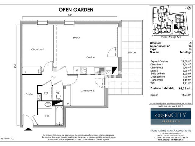 Appartement 3 pièces (62.33 m²) à louer - Toulouse 2ᵉ (31200)