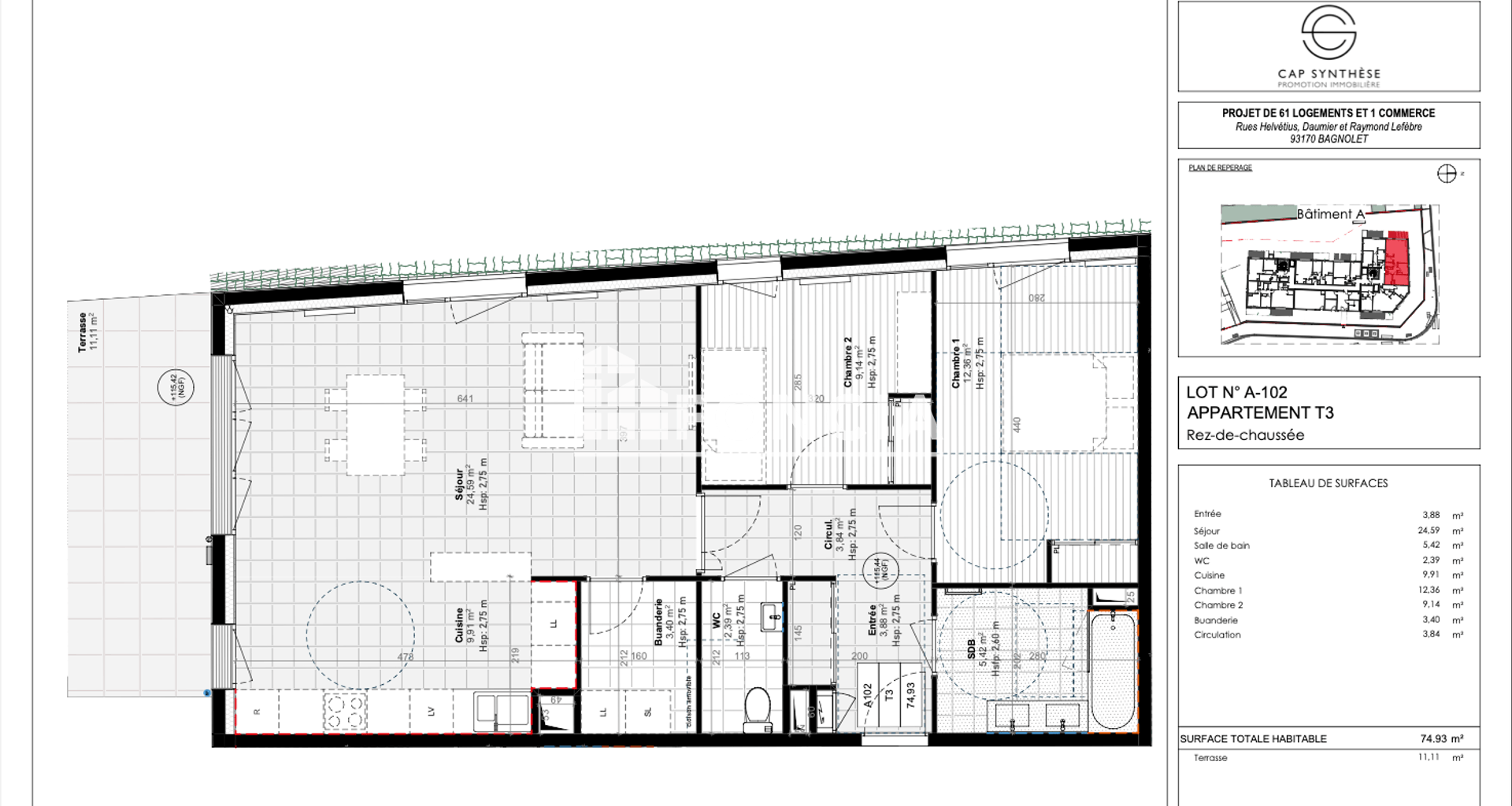 Appartement 3 pièces (74.93 m²) à louer - Bagnolet (93170)