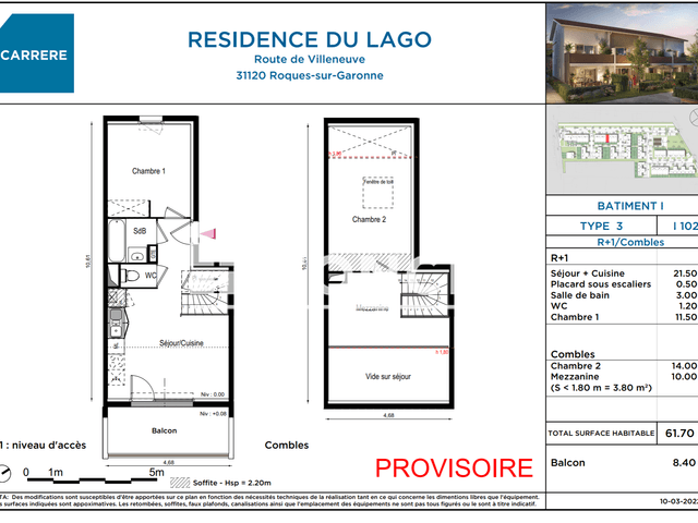 Appartement 3 pièces (61.7 m²) à louer - Roques (31120)