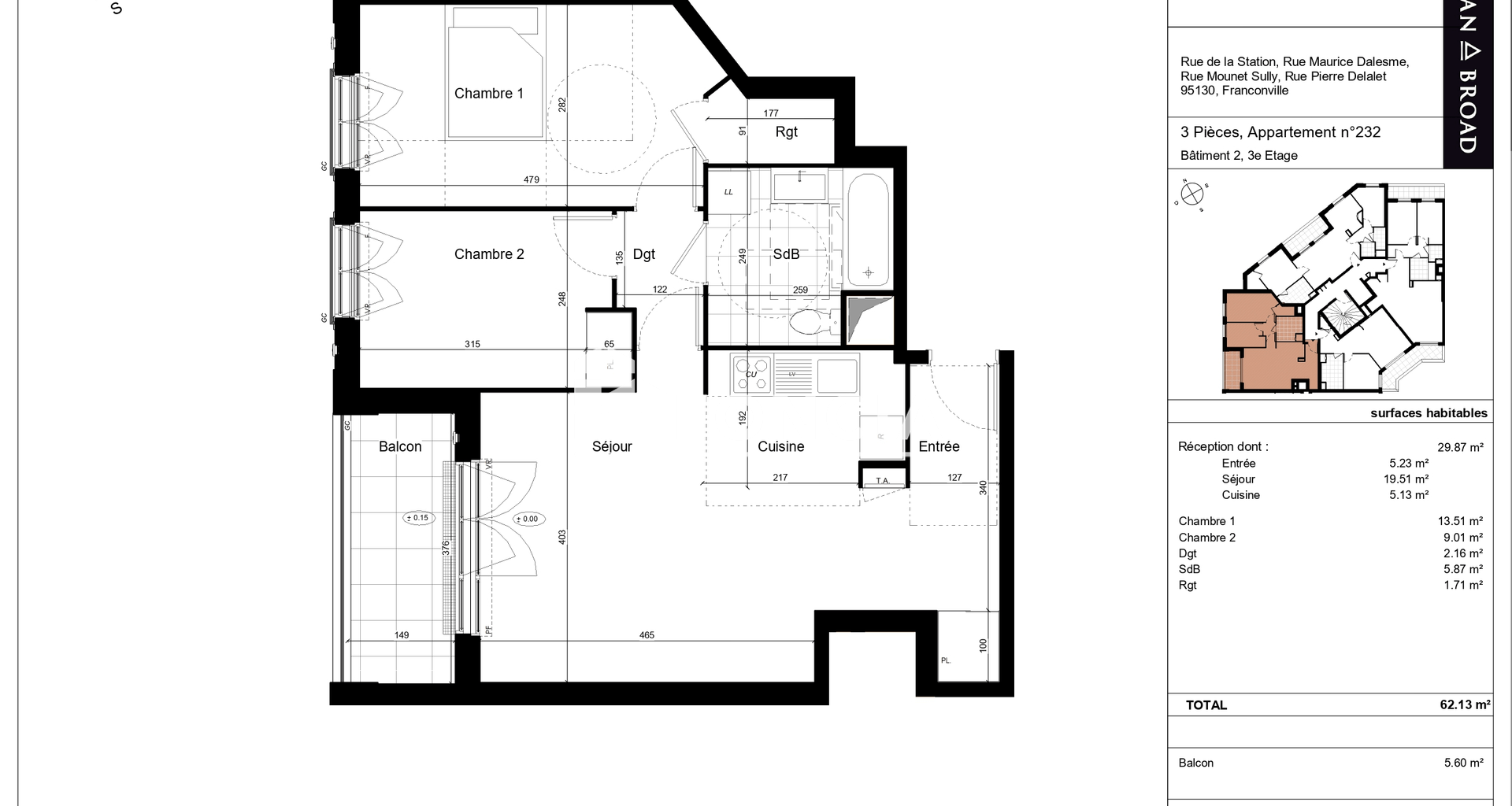 Appartement 3 pièces (62.13 m²) à louer - Franconville (95130)