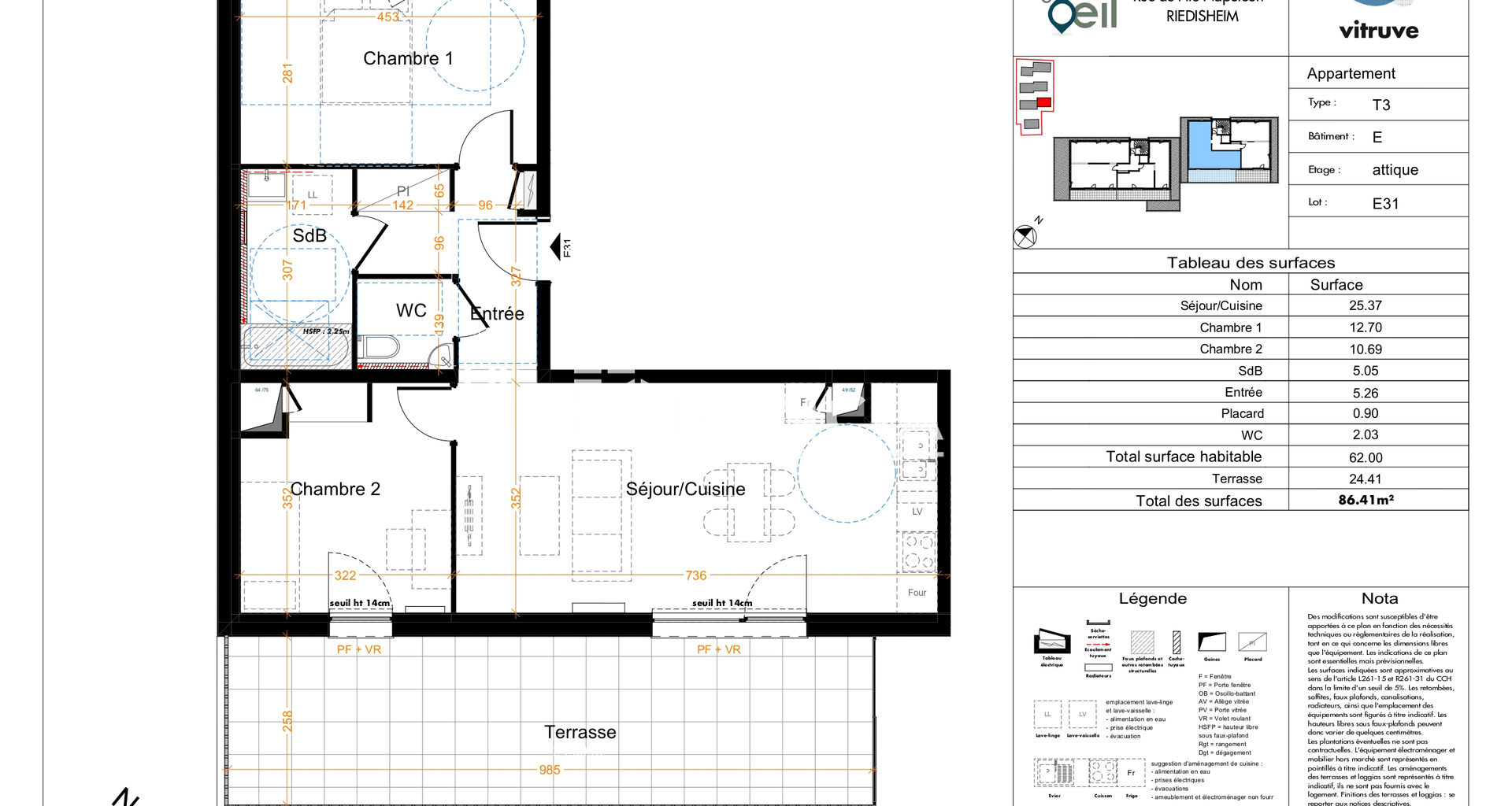 Appartement 3 pièces (62.55 m²) à louer - Riedisheim (68400)