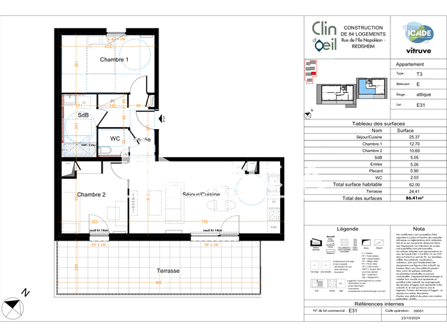 Appartement 3 pièces (62.55 m²) à louer - Riedisheim (68400)
