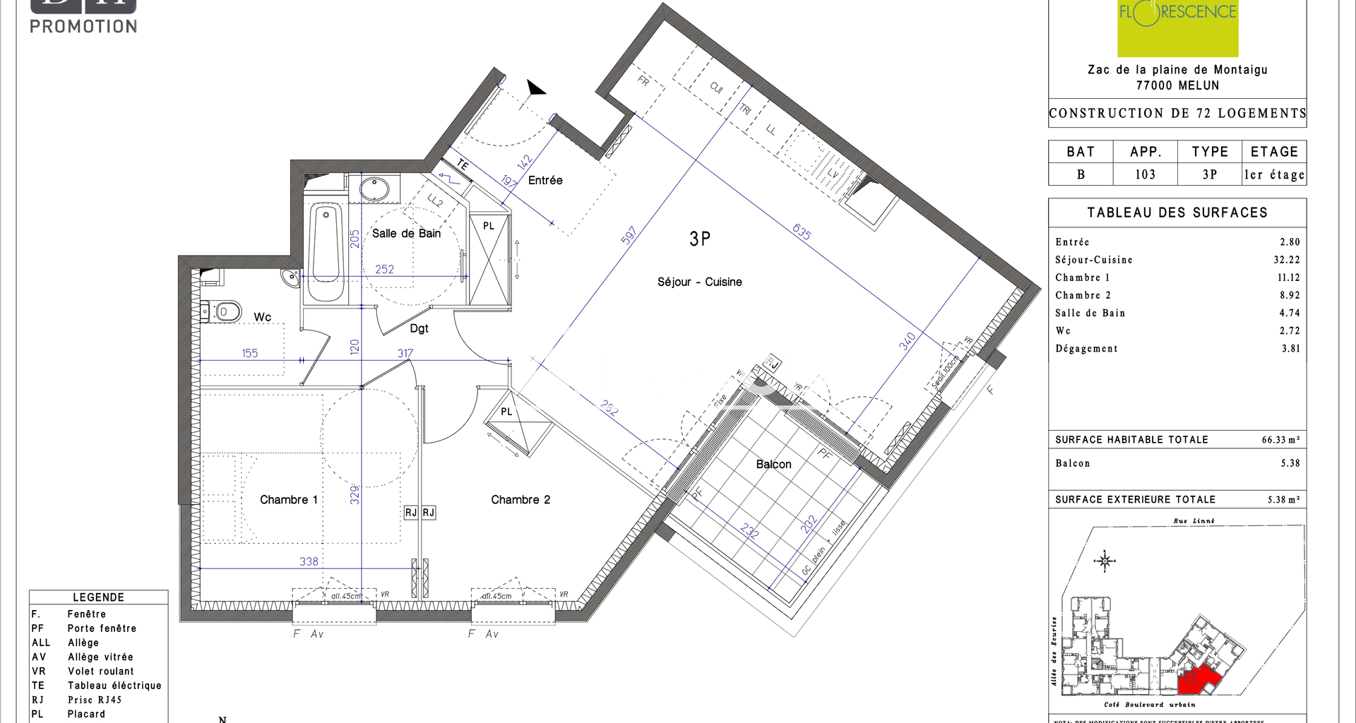 Appartement 3 pièces (66.33 m²) à louer - Melun (77000)