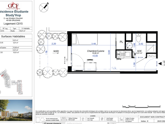 Studio meublé (18.81 m²) à louer - Orleans (45100)