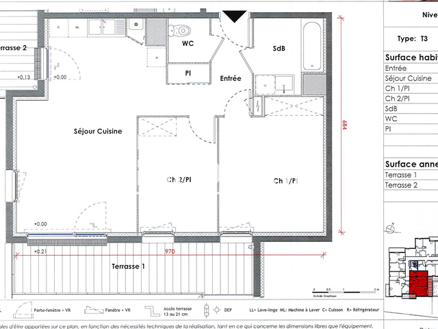 Appartement 3 pièces (60.8 m²) à louer - Deville Les Rouen (76250)