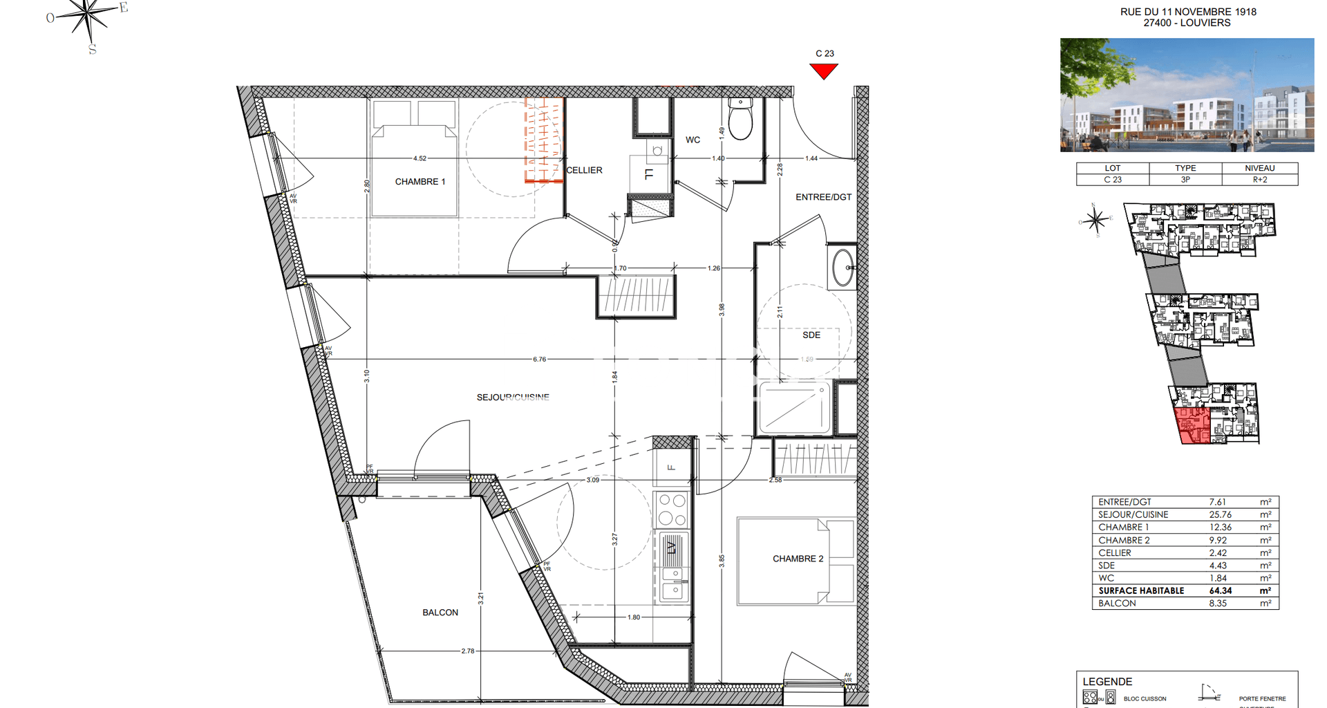 Appartement 3 pièces (64.34 m²) à louer - Louviers (27400)