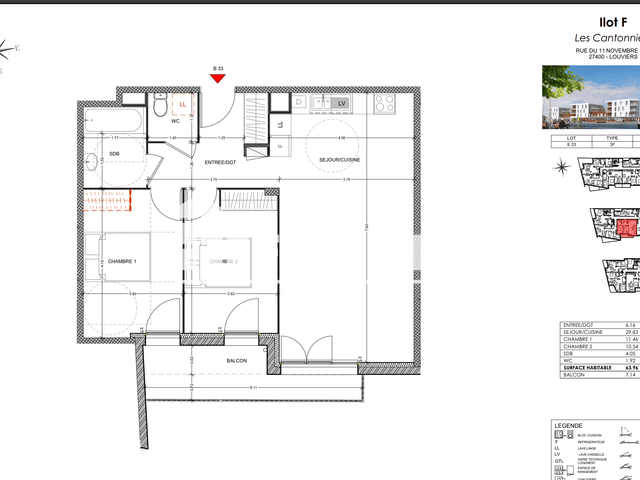 Appartement 3 pièces (63.96 m²) à louer - Louviers (27400)