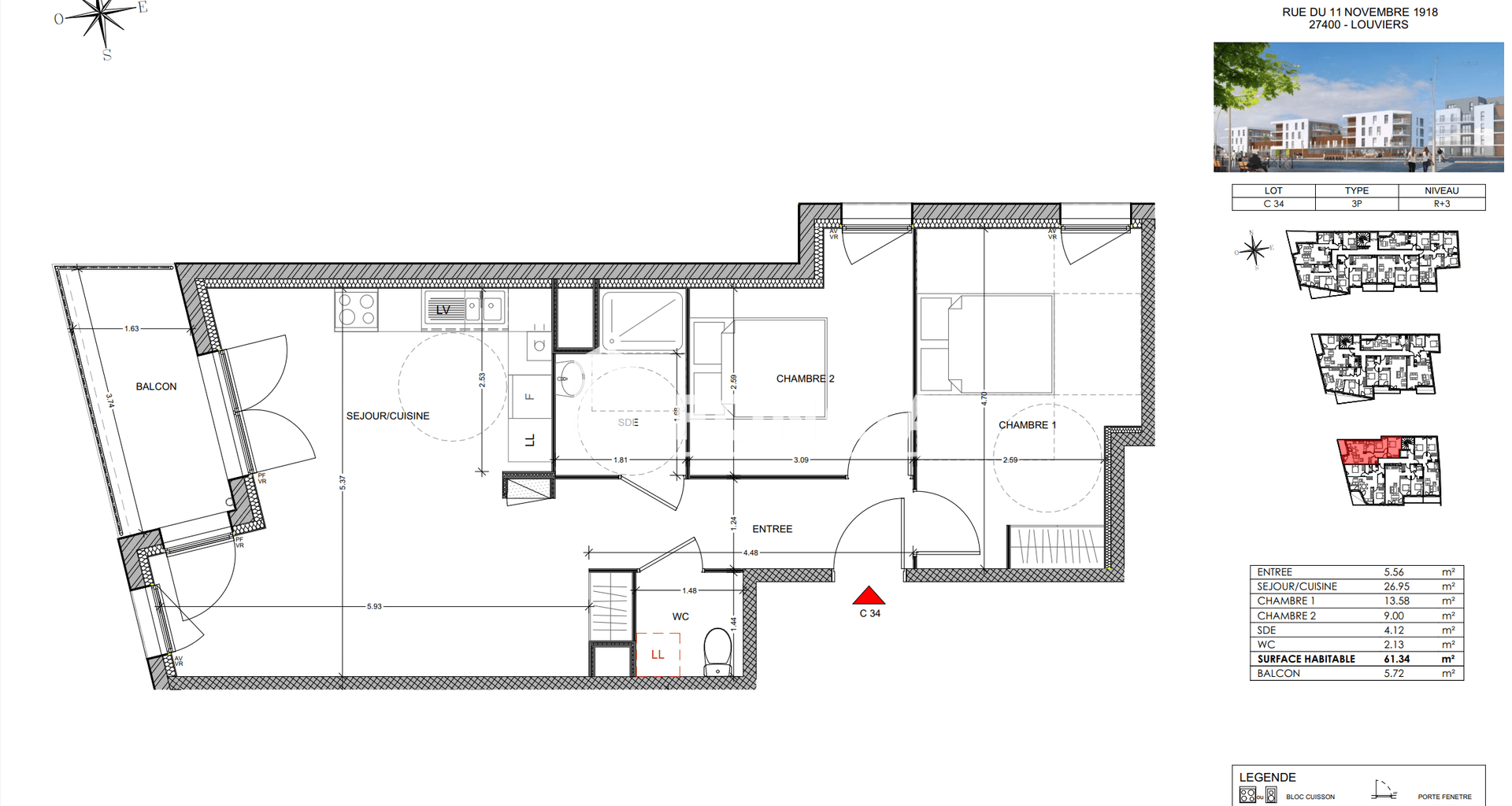 Appartement 3 pièces (61.34 m²) à louer - Louviers (27400)