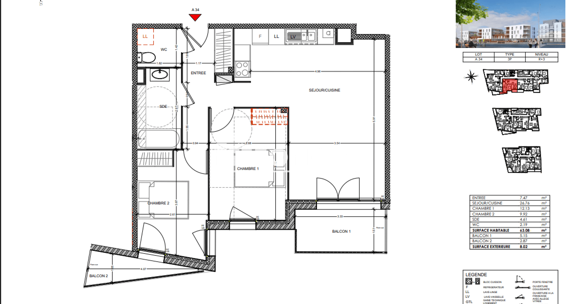 Appartement 3 pièces (63.08 m²) à louer - Louviers (27400)