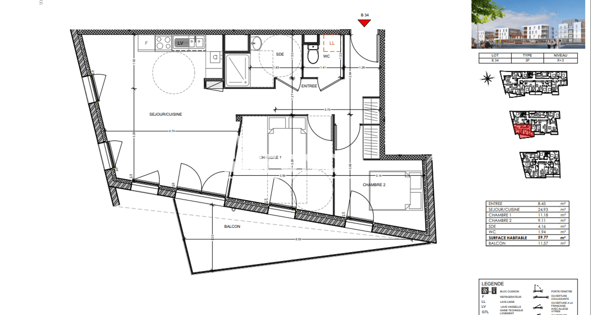 Appartement 3 pièces (59.77 m²) à louer - Louviers (27400)