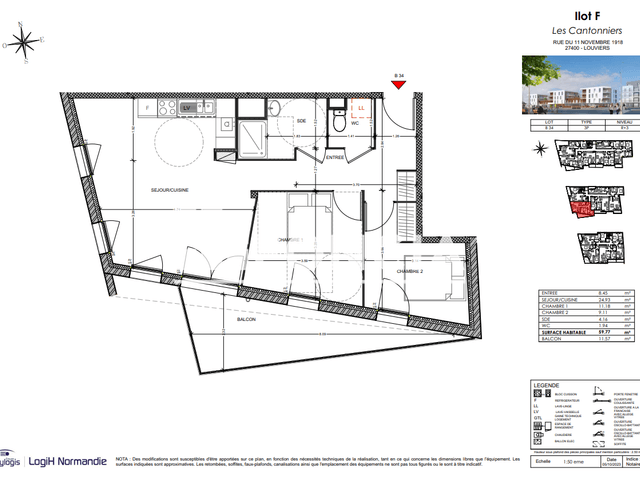 Appartement 3 pièces (59.77 m²) à louer - Louviers (27400)