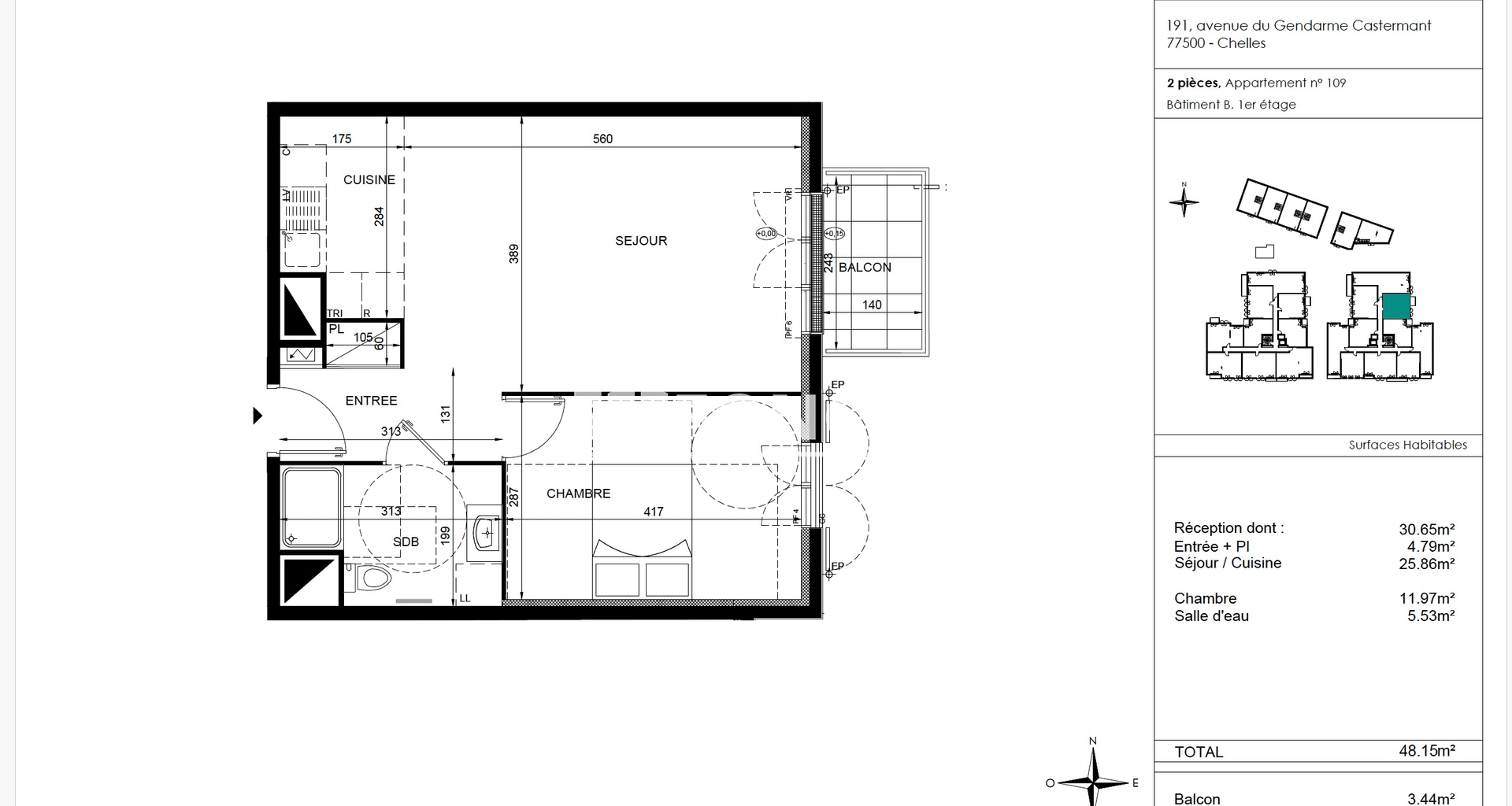 Appartement 2 pièces (48.1 m²) à louer - Chelles (77500)