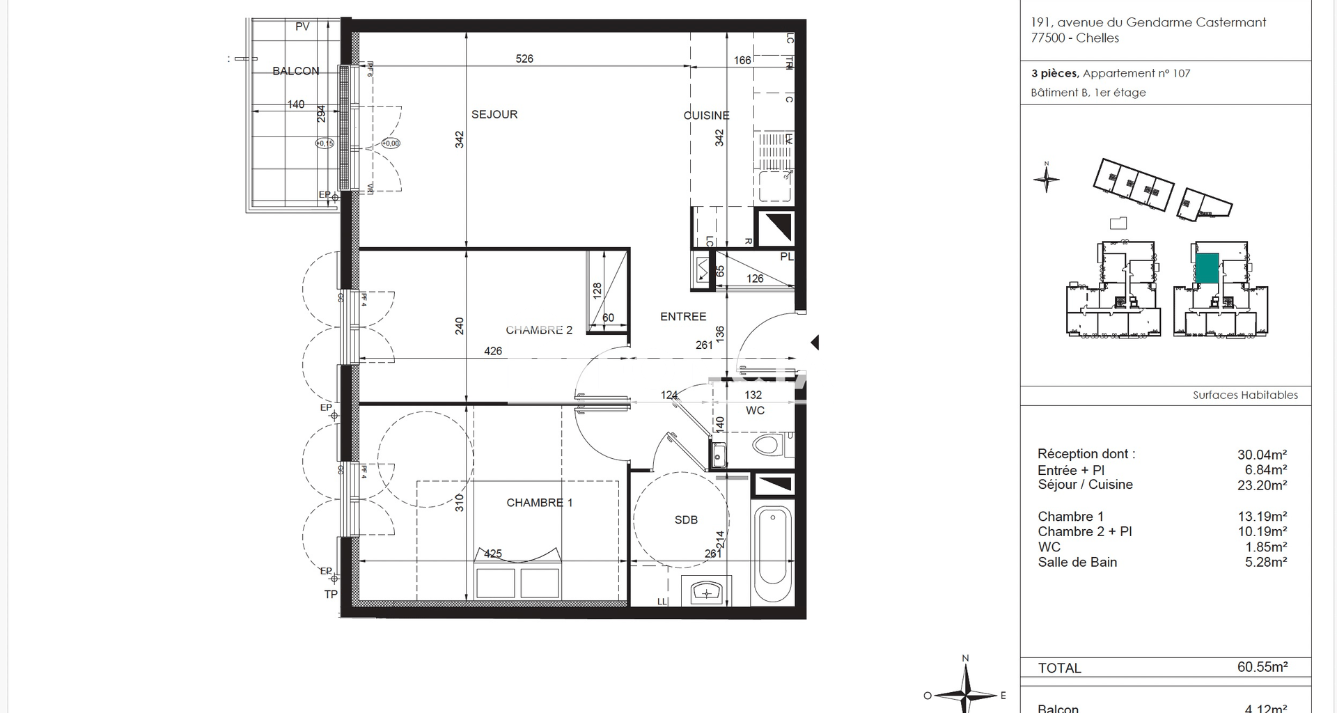 Appartement 3 pièces (60.55 m²) à louer - Chelles (77500)