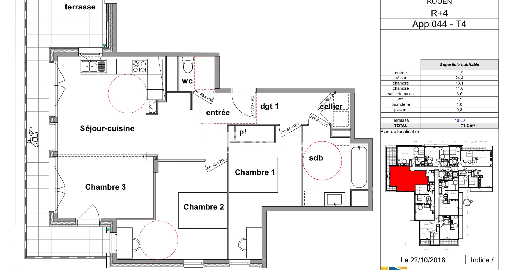 Appartement 4 pièces (71.3 m²) à louer - Rouen (76100)