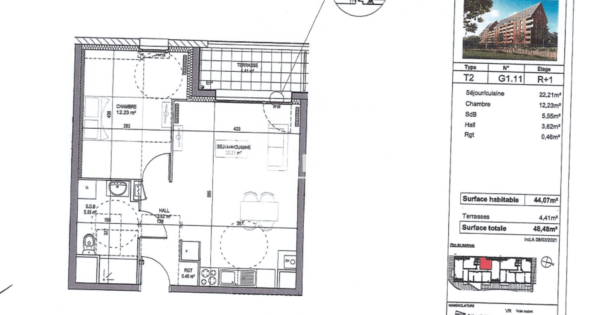 Appartement 2 pièces (44.07 m²) à louer - Marquette-lez-lille (59520)