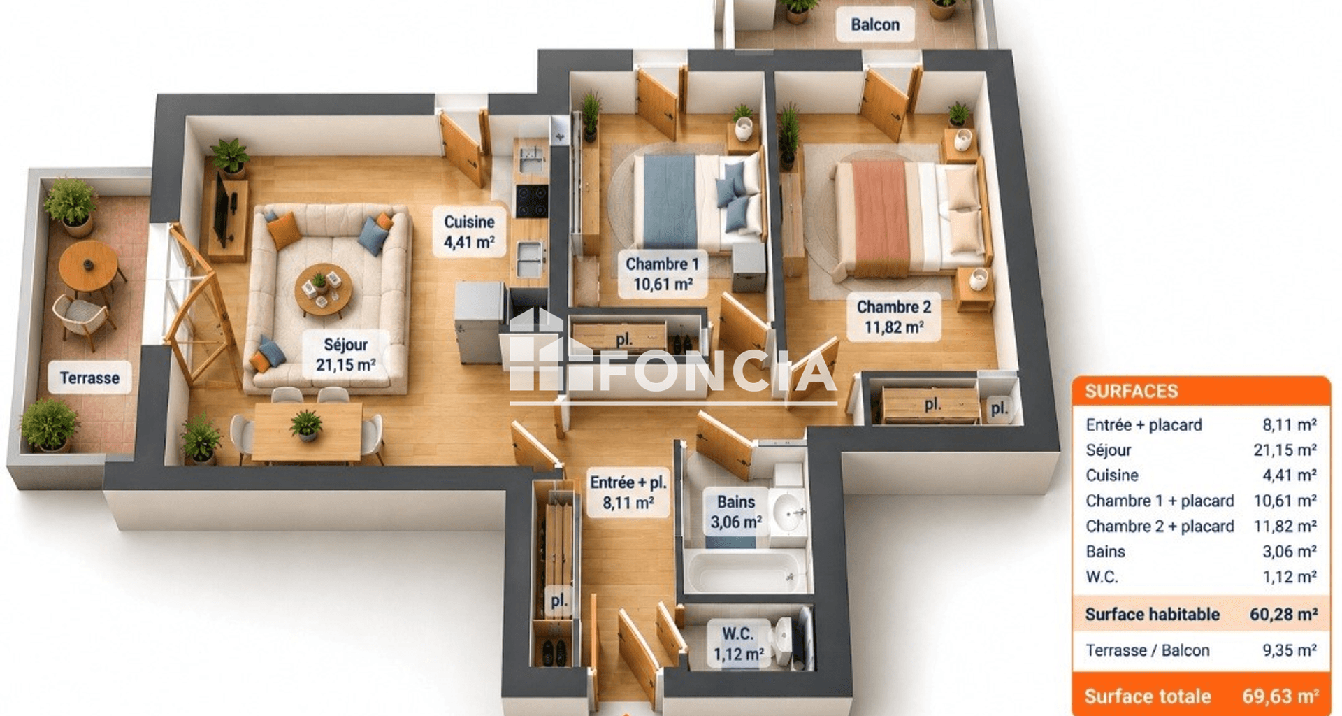 Appartement 3 pièces (59 m²) à vendre - Grasse (06130)